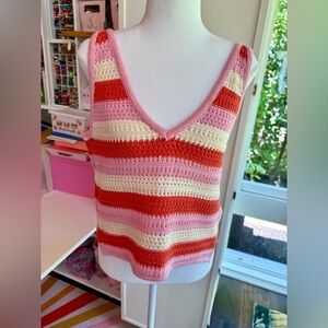 WAYF Gemma Striped Knit Tank Top M – Pink Orange Cream Crochet V-Neck NWT